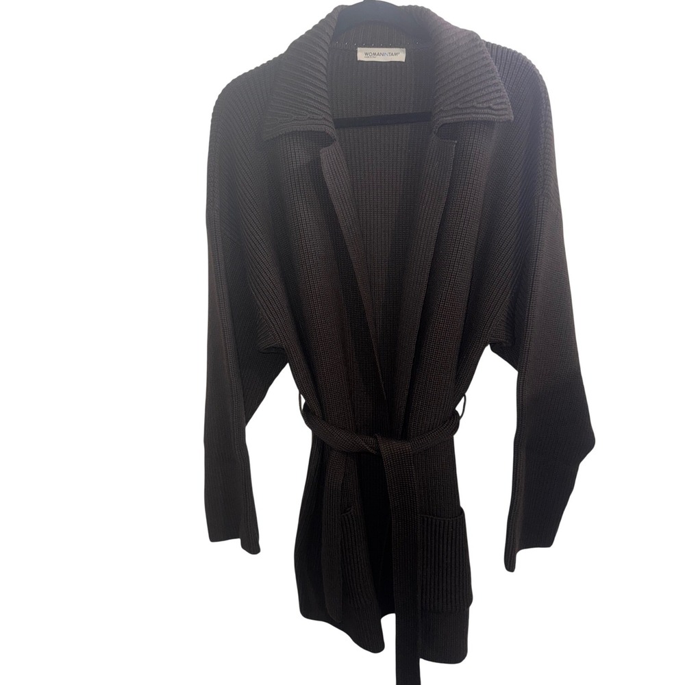 WomanIntam Italy Brown 100% Extrafine Merino Wool Belted Ribbed Cardigan XL